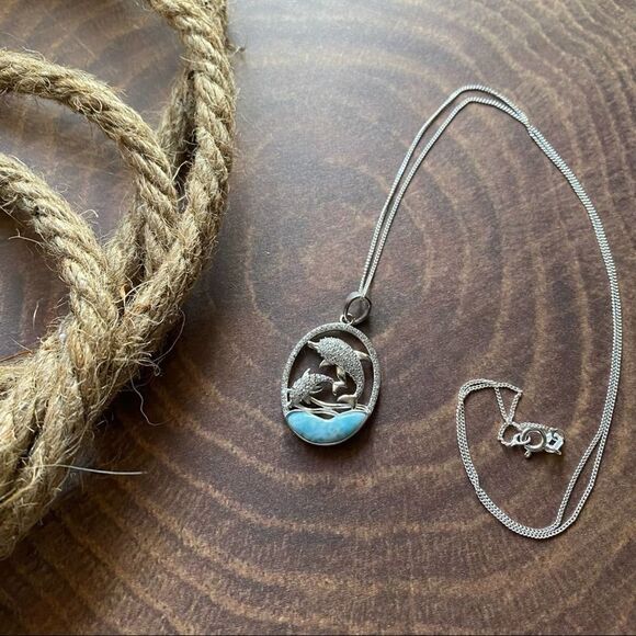 Natural Larimar CZ Dolphin 18k Plated Sterling Silver Necklace - Picture 7 of 8